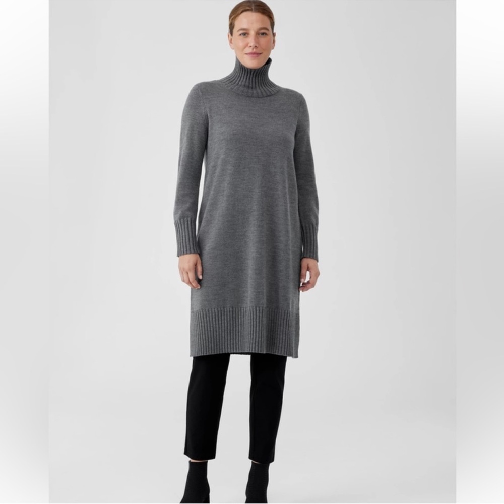 NWT EILEEN FISHER Merino Jersey Turtleneck Dress in Regenerative Wool